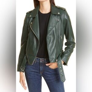 Glamorous UK Dark Green Perfecto Eco Faux Leather Moto Biker Jacket with Belt